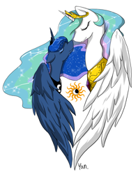 Size: 790x1000 | Tagged: safe, artist:yoonny92, princess celestia, princess luna, alicorn, pony, bust, cute, eyes closed, floppy ears, nuzzling, simple background, smiling, spread wings