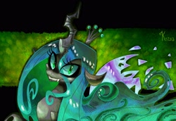 Size: 3000x2063 | Tagged: dead source, safe, artist:kaliptro, queen chrysalis, changeling, changeling queen, female, horn, solo