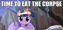 Size: 1274x612 | Tagged: safe, princess celestia, twilight sparkle, twilight sparkle (alicorn), alicorn, pony, season 4, cannibalism, cute, cute face, dark comedy, deadlestia, female, hub logo, image macro, mare, meme, omnivore twilight, twiface