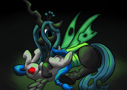 Size: 1024x724 | Tagged: safe, artist:darkhestur, queen chrysalis, oc, alicorn, changeling, changeling queen, pony, alicorn oc, cute, cutealis, duo, duo female, female, ocbetes, sprite, unnamed oc