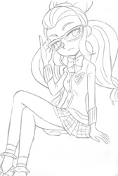 Size: 640x955 | Tagged: safe, artist:shinda mane, artist:union of the snake, artist:uotsda, sugarcoat, equestria girls, friendship games, looking at you, monochrome, solo