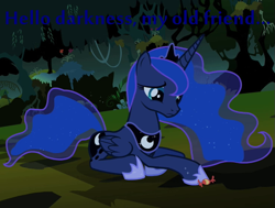 Size: 733x554 | Tagged: safe, edit, edited screencap, screencap, princess luna, alicorn, pony, luna eclipsed, blue text, candy, cropped, food, forest, hello darkness my old friend, image macro, sad, simon and garfunkel, solo, song reference, the sound of silence