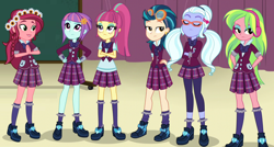 Size: 1240x664 | Tagged: safe, artist:themexicanpunisher, gloriosa daisy, indigo zap, lemon zest, sour sweet, sugarcoat, sunny flare, equestria girls, braid, clothes, crystal prep academy uniform, glasses, goggles, headphones, high heels, leggings, pigtails, pleated skirt, ponytail, school uniform, shadow five, shoes, skirt, socks, twintails