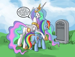 Size: 910x700 | Tagged: safe, fluttershy, princess celestia, rainbow dash, alicorn, pegasus, pony, keep calm and flutter on, butt, celestia's grave meme, exploitable meme, female, gravestone, implied death, mare, meme, plot