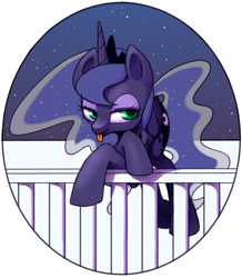 Size: 673x772 | Tagged: dead source, safe, artist:30clock, princess luna, alicorn, pony, fence, pixiv, solo, tongue out