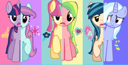 Size: 1412x723 | Tagged: safe, artist:diana173076, indigo zap, lemon zest, sci-twi, sour sweet, sugarcoat, sunny flare, twilight sparkle, pony, equestria girls, alternate hairstyle, crystal prep shadowbolts, equestria girls ponified, ponified, shadow six, swapped cutie marks, what my cutie mark is telling me