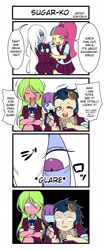 Size: 852x2048 | Tagged: safe, artist:doktor-d, indigo zap, lemon zest, sour sweet, sugarcoat, sunny flare, equestria girls, 4koma, comic, english, glare, loose hair, pun, shadow five, the ring, translation