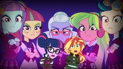 Size: 1280x720 | Tagged: safe, artist:limedazzle, artist:themexicanpunisher, edit, edited screencap, screencap, indigo zap, lemon zest, sci-twi, sour sweet, sugarcoat, sunny flare, sunset shimmer, twilight sparkle, equestria girls, legend of everfree, clothes, crossed arms, freckles, glasses, goggles, i've seen enough hentai to know where this is going, let me go, open mouth, school uniform, shadow five, unleash the magic, vector edit, yelling