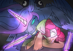 Size: 1280x896 | Tagged: safe, artist:backlash91, nightmare moon, princess luna, alicorn, pony, armor, badass, crying, dual wield, fear, fight, fluffy, glare, glowing horn, gritted teeth, hoof hold, imminent death, magic, mouth hold, nightmare luna, scared, soldier, spread wings, sword, unshorn fetlocks, weapon, wide eyes