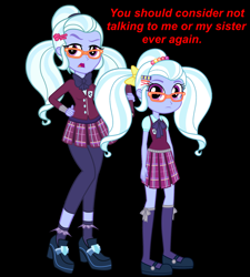 Size: 2020x2240 | Tagged: safe, artist:xebck, sugarcoat, equestria girls, /mlp/, black background, clothes, don't talk to me or my son ever again, glasses, high heels, human paradox, leggings, mary janes, meme, pigtails, pleated skirt, shoes, simple background, skirt, socks, twintails, younger