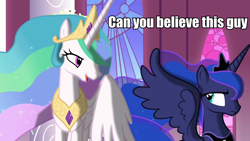 Size: 960x540 | Tagged: safe, edit, edited screencap, screencap, princess celestia, princess luna, alicorn, pony, the crystal empire, alicorns only, caption, dialogue, image macro, reaction image, royal sisters