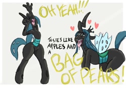 Size: 890x623 | Tagged: safe, artist:dizzy d, queen chrysalis, anthro, changeling, changeling queen, unguligrade anthro, ahegao, armpits, dancing, drool, heart, silly, sillyness, wide hips