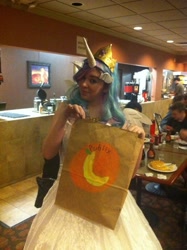 Size: 717x960 | Tagged: safe, artist:lochlan o'neil, princess celestia, human, banana, banana bag, cosplay, friendship is magic bitch, irl, irl human, photo, publix, tyrant celestia