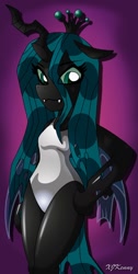 Size: 550x1088 | Tagged: safe, artist:xjkenny, queen chrysalis, anthro, changeling, changeling queen, unguligrade anthro, arm hooves, clothes, one-piece swimsuit, swimsuit