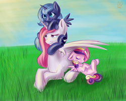 Size: 2000x1600 | Tagged: safe, artist:krololo, princess cadance, princess celestia, princess luna, alicorn, pony, filly, grass, pink-mane celestia, sleeping, woona, younger