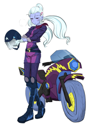 Size: 708x1000 | Tagged: safe, artist:invisibleone11, artist:temporallyhere, color edit, edit, sugarcoat, equestria girls, friendship games, clothes, colored, costume, crystal prep shadowbolts, gloves, helmet, motocross outfit, motorcycle, shadowbolts costume, simple background, solo, white background