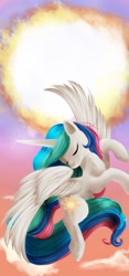 Size: 400x852 | Tagged: safe, artist:ailatf, princess celestia, alicorn, pony, eyes closed, flying, solo