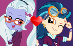 Size: 2596x1660 | Tagged: safe, artist:themexicanpunisher, indigo zap, sugarcoat, equestria girls, friendship games, clothes, crossed arms, crystal prep academy uniform, ear piercing, female, glasses, goggles, heart, high res, lesbian, one eye closed, open mouth, piercing, school uniform, shipping, shipping domino, sugarzap, wink