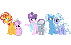 Size: 1022x651 | Tagged: safe, artist:furriesandflurries, diamond tiara, silver spoon, sugarcoat, sunset shimmer, suri polomare, trixie, earth pony, pony, unicorn, equestria girls, alternate universe, equestria girls ponified, female, ponified, siblings, simple background, sisters, white background