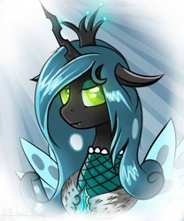 Size: 816x979 | Tagged: safe, artist:michellka, queen chrysalis, changeling, changeling queen, bust, clothes, female, portrait, smiling, solo