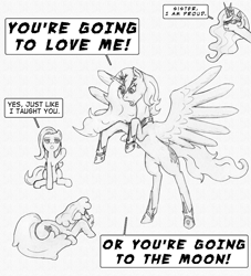 Size: 1089x1200 | Tagged: safe, artist:siegfriednox, berry punch, berryshine, fluttershy, princess celestia, princess luna, alicorn, pegasus, pony, dialogue, monochrome, pencil drawing, text, to the moon, traditional art, you're going to love me