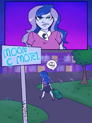 Size: 751x1000 | Tagged: safe, artist:addictionhalfway, princess luna, vice principal luna, equestria girls, angry, banished, banishment, comic, frown, motel, scene interpretation