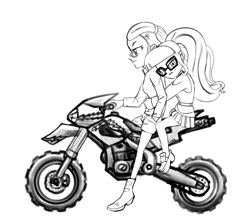 Size: 856x752 | Tagged: safe, artist:dadss_rootbeer, sugarcoat, twilight sparkle, equestria girls, friendship games, alternate costumes, clothes, crystal prep academy uniform, cuddling, female, grayscale, hug, hug from behind, lesbian, looking at you, monochrome, motorcycle, school uniform, shipping, shorts, simple background, sugartwi, white background