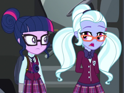 Size: 640x480 | Tagged: safe, screencap, sci-twi, sugarcoat, twilight sparkle, equestria girls, friendship games, clothes, cropped, crystal prep academy uniform, duo, magic capture device, open mouth, school uniform, talking