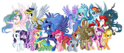 Size: 2800x1207 | Tagged: safe, artist:vird-gi, applejack, derpy hooves, flitter, fluttershy, pinkie pie, princess cadance, princess celestia, princess luna, queen chrysalis, rainbow dash, rarity, twilight sparkle, twilight sparkle (alicorn), oc, alicorn, changeling, changeling queen, earth pony, pegasus, pony, unicorn, alicorn oc, clothes, dress, mailbag, s1 luna