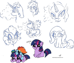 Size: 2292x1949 | Tagged: safe, artist:mixermike622, fluttershy, nightmare moon, pinkie pie, princess luna, rainbow dash, twilight sparkle, alicorn, earth pony, pegasus, pony, ear bite, sketch dump