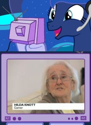 Size: 563x769 | Tagged: safe, princess luna, alicorn, pony, exploitable meme, gamer luna, hilda knott, meme, obligatory pony, tv meme