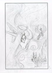 Size: 1178x1652 | Tagged: safe, artist:sararichard, idw, princess celestia, princess luna, alicorn, pony, comic, cover, monochrome, sketch