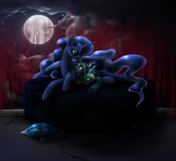 Size: 1024x935 | Tagged: safe, artist:madcookiefighter, princess luna, queen chrysalis, alicorn, changeling, changeling queen, nymph, pony, filly