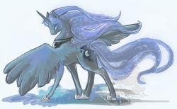 Size: 1200x737 | Tagged: safe, artist:mocha-shortcake, princess luna, alicorn, pony, pose, solo, windswept mane