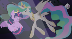 Size: 920x500 | Tagged: safe, artist:maxdash, princess celestia, twilight sparkle, twilight sparkle (alicorn), alicorn, pony, season 4, bad end, big crown thingy, crying, dead, deadlestia, element of magic, female, hub logo, hub network, hubble, implied death, mare, scene interpretation, the hub