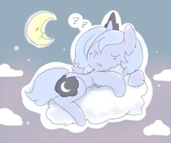 Size: 850x709 | Tagged: safe, artist:ende26, princess luna, alicorn, pony, cloud, cloudy, crescent moon, filly, moon, sleeping, solo, woona, zzz