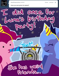 Size: 600x776 | Tagged: safe, artist:steveholt, pinkie pie, princess luna, alicorn, earth pony, pony, ask, eyes closed, female, hat, hooves, horn, lineless, mare, moon, on the moon, party, party hat, pinkie pie answers, smiling, space core, tumblr