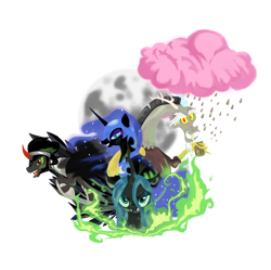 Size: 974x970 | Tagged: safe, artist:rixnane, discord, king sombra, nightmare moon, queen chrysalis, changeling, changeling queen, pony, umbrum, unicorn, antagonist