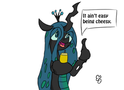 Size: 792x576 | Tagged: safe, artist:olympic tea bagger, queen chrysalis, changeling, changeling queen, cheese, cheeselegs, solo