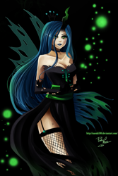 Size: 533x800 | Tagged: safe, artist:nasuki100, queen chrysalis, fishnet stockings, horned humanization, humanized, winged humanization