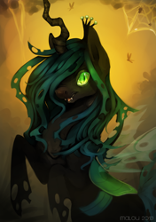 Size: 1124x1600 | Tagged: safe, artist:imalou, queen chrysalis, changeling, changeling queen, backlighting, female, glowing eyes, hair over one eye, solo