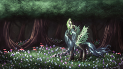 Size: 1250x703 | Tagged: safe, artist:macalaniaa, queen chrysalis, changeling, changeling queen, female, flower, forest, magic, mushroom, scenery, solo