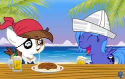 Size: 1024x650 | Tagged: safe, artist:abydos91, pipsqueak, princess luna, alicorn, pony, beach, cartographer's cap, drink, filly, food, hat, moonstuck, pipsqueak eating spaghetti, pirate, spaghetti, table, woona