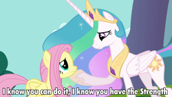 Size: 960x540 | Tagged: safe, fluttershy, princess celestia, alicorn, pegasus, pony, keep calm and flutter on, caption, female, mare