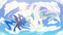 Size: 1865x1028 | Tagged: safe, artist:alicornparty, princess celestia, princess luna, alicorn, pony, angry, cloud, cloudy, fight, flying, sibling rivalry, sky, sun