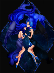 Size: 1480x2000 | Tagged: safe, artist:mizz-chama, nightmare moon, princess luna, human, clothes, dress, duality, female, floating, galaxy mane, horned humanization, humanized, kissing, lesbian, light skin, out of frame, shipping, the moon rises, windswept mane, winged humanization