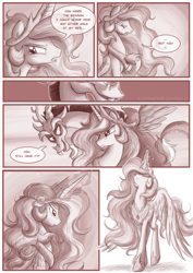 Size: 850x1202 | Tagged: safe, artist:stepandy, discord, princess celestia, alicorn, pony, comic:mark of chaos, comic, crying, dialogue, dislestia, female, magic, male, messy mane, monochrome, shipping, straight