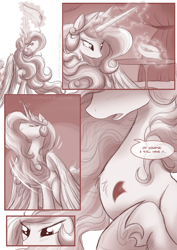 Size: 850x1202 | Tagged: safe, artist:stepandy, discord, princess celestia, alicorn, pony, comic:mark of chaos, comic, dialogue, dislestia, female, male, monochrome, scar, shipping, straight, undressing