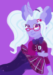 Size: 678x950 | Tagged: safe, artist:pumpkin-somethin-art, sugarcoat, anthro, unicorn, equestria girls, bowtie, clothes, crystal prep academy uniform, cute, female, glasses, hooves, horn, lineless, looking at you, pony ears, purple background, school uniform, simple background, smiling, solo, sugarcute