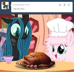 Size: 650x626 | Tagged: safe, artist:mixermike622, queen chrysalis, oc, oc:fluffle puff, changeling, changeling queen, chef's hat, cooked, dead, female, food, hat, photo realistic, tumblr, tumblr:ask fluffle puff, turkey